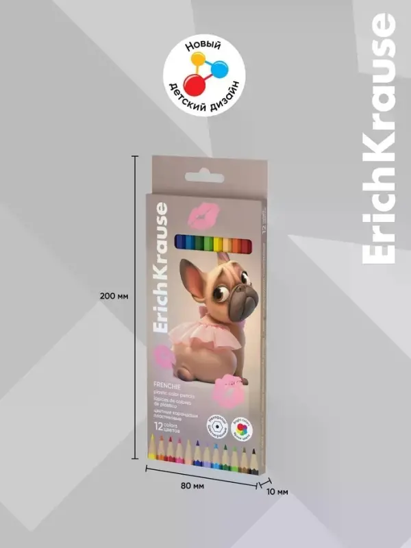 Карандаши 12 цветов, ErichKrause Frenchie, пластиковые, шестигранные