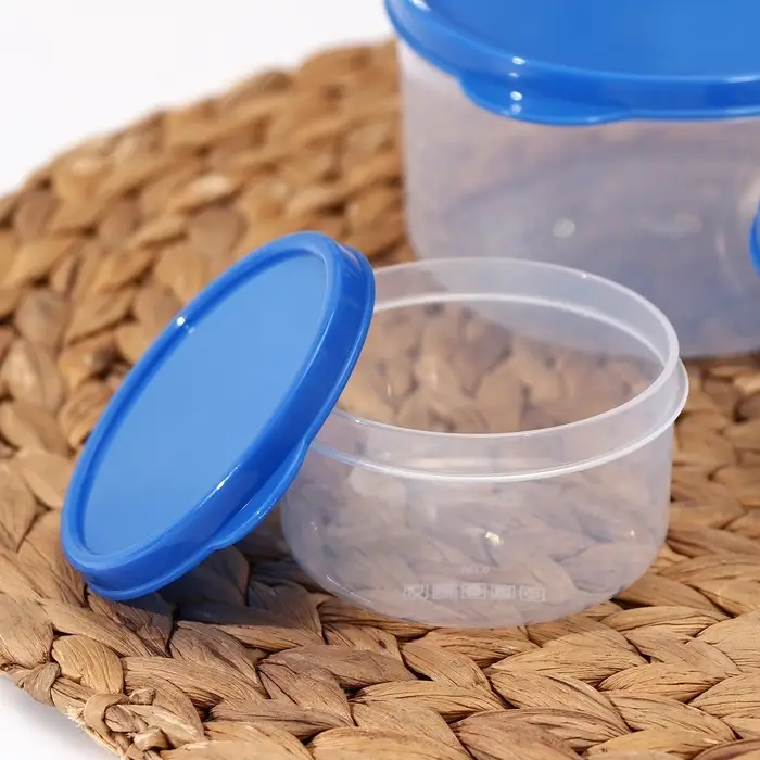 Набор контейнеров пищевых круглых Доляна, 3 шт: 150 мл, 300 мл, 500 мл, прозрачные, крышка синяя Набор контейнеров пищевых круглых Доляна, 3 шт: 150 мл, 300 мл, 500 мл, прозрачные, крышка синяя