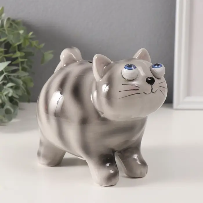 Копилка для денег &laquo;Котик-пучеглаз серый полосатый&raquo;, керамика, 11&times;15.2&times;13.4 см