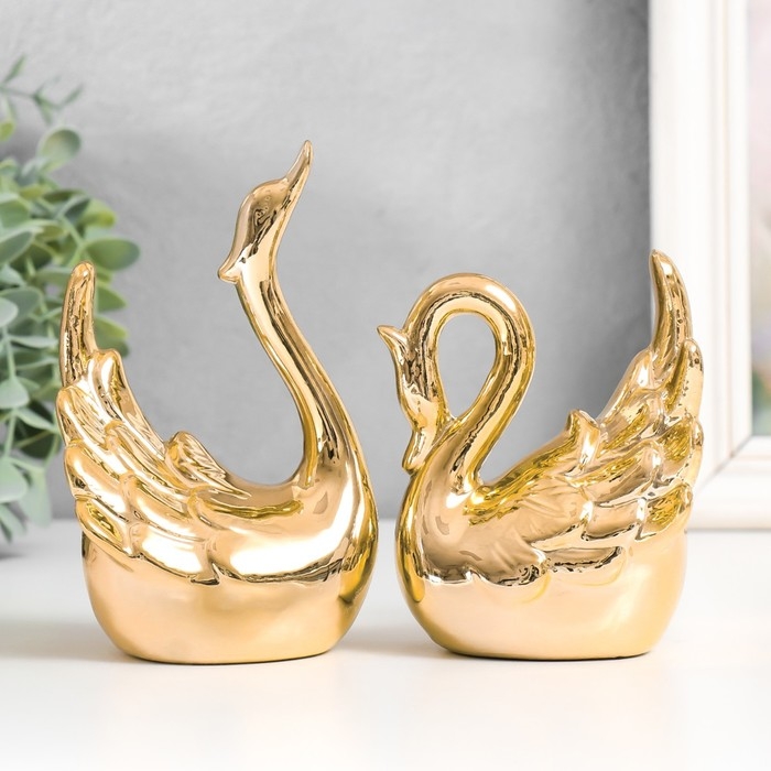 Сувенир керамика "Два лебедя - любовь" золото набор 2 шт 9,2х8х8,3 8х7,2х12,5 см