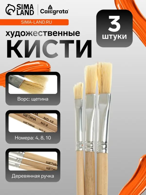 Кисти для рисования, щетина, 3 штуки: № 4, 8, 10, плоские, деревянная ручка, международный размер
