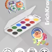 Акварель 12 цветов, ErichKrause Kids Space Animals, медовая, с УФ защитой яркости, пластиковая коробка, европодвес