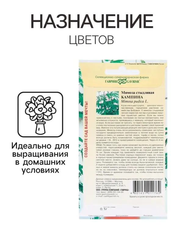 Семена комнатных цветов Мимоза "Кампина", ц/п,  0,1 г
