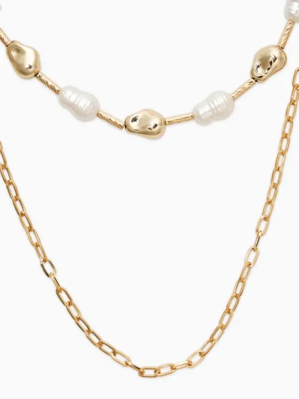 Колье "Жемчуг" борокко, цепь, удлиненное, 2 яруса, цвет белый в золоте