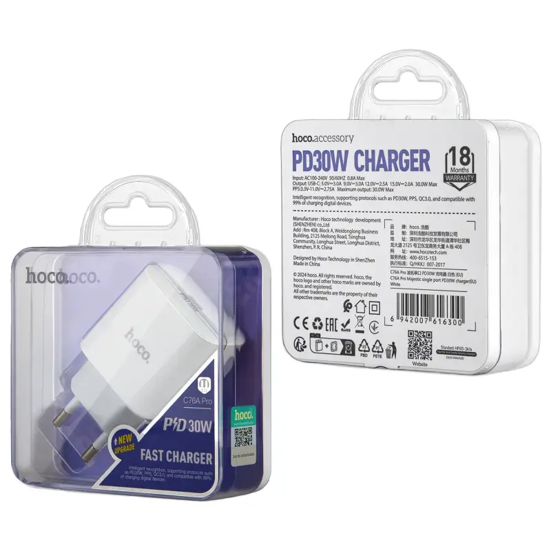 Переходник C76A Pro СЗУ на Type-C 30W HOCO белый