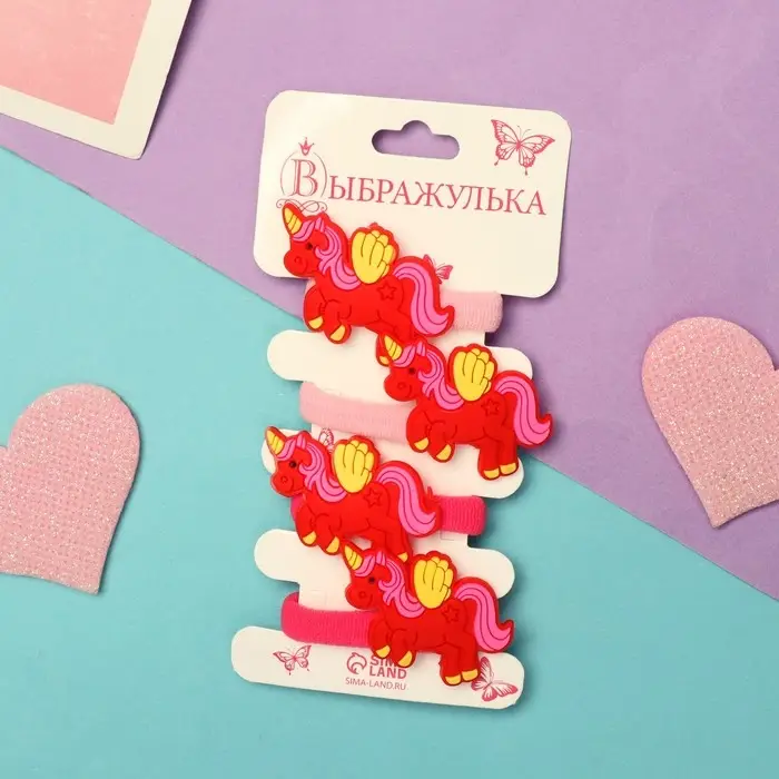 Резинка для волос  Резинка для волос "Амелия" (набор 4 шт) единорожек с крыльями, 4 см, красный