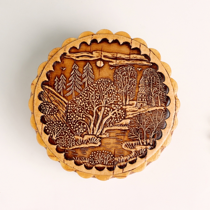 Шкатулка  Шкатулка "Пейзаж с церковью", большая, 100 х 40 мм, береста