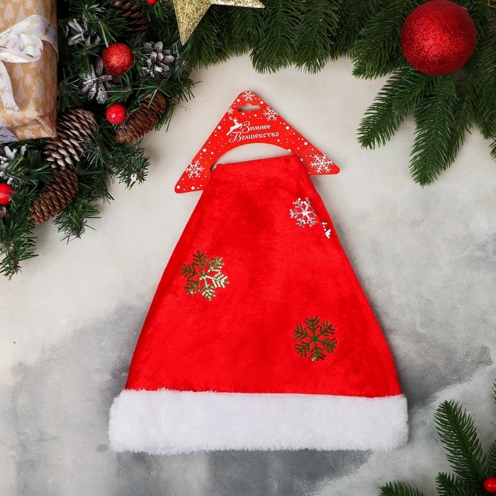 Колпак новогодний  Колпак новогодний "Снежинка колор" 26х35 см, красный