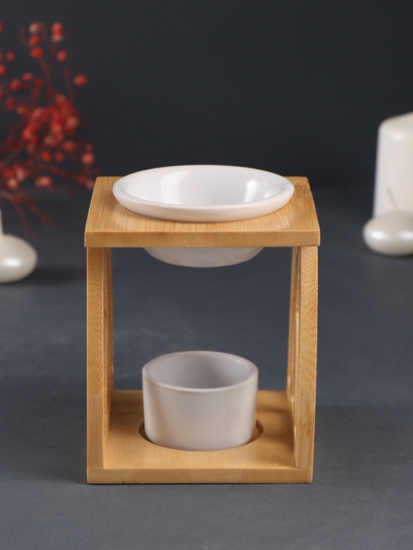 Аромалампа бамбук, керамика с подставкой под свечу Аромалампа бамбук, керамика с подставкой под свечу "Узоры" белая 9,5х9,5х13,5 см