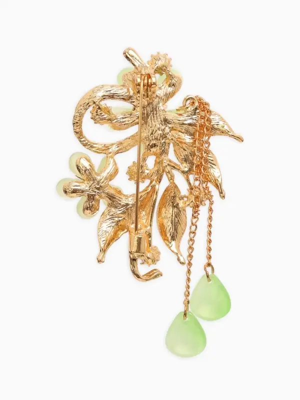 Брошь с жемчугом "Цветы", цвет светло-зеленый в золоте