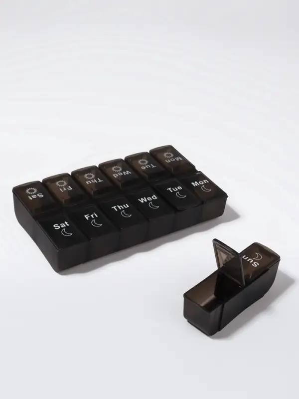 Таблетница - органайзер &laquo;Неделька&raquo;, со съёмными ячейками, английские буквы, утро/вечер, 7 контейнеров по 2 ячейки, чёрная