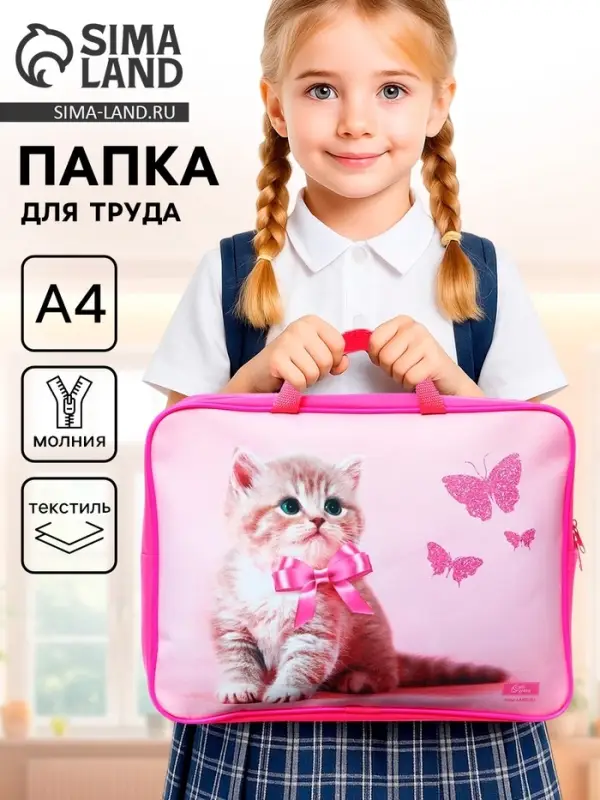 Папка для труда, А4, текстильная, 35&times;27&times;7 см &laquo;Милый котик&raquo;