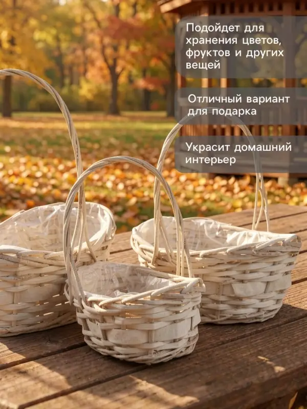 Корзина плетёная для хранения Mera, лоза, с ручкой, белая, набор 3 шт.