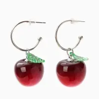 Серьги-кольца "Черешня с листочком", цвет бордовый в серебре