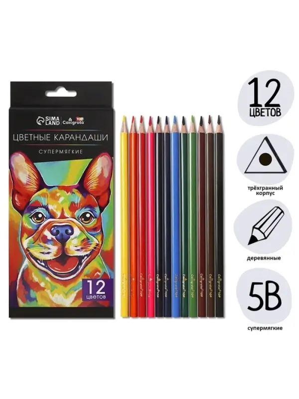 Карандаши Calligrata, 12 цветов, супермягкие, диаметр грифеля 3 мм