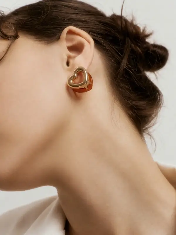 Серьге &laquo;Сердце&raquo; двойное, коричневая в золоте