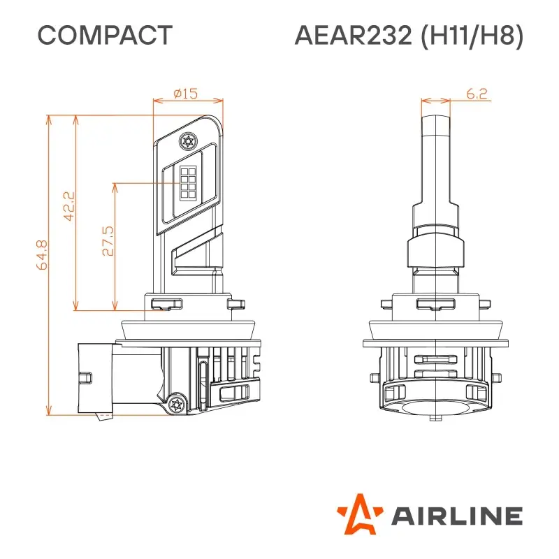 Лампа светодиод. H11/H8 COMPACT, 23Вт, 5200Лм (2600Лм x 2), 6500К, 12В, кмпл. 2 шт.