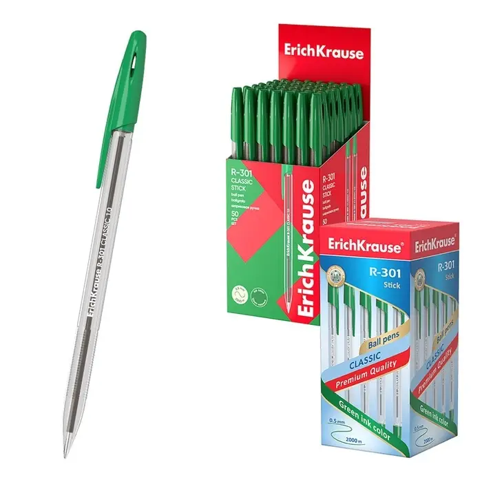 Ручка шариковая Erich Krause R-301 Classic Stick, узел 1.0 мм, чернила зелёные, длина линии письма 2000 метров, штрихкод на ручке