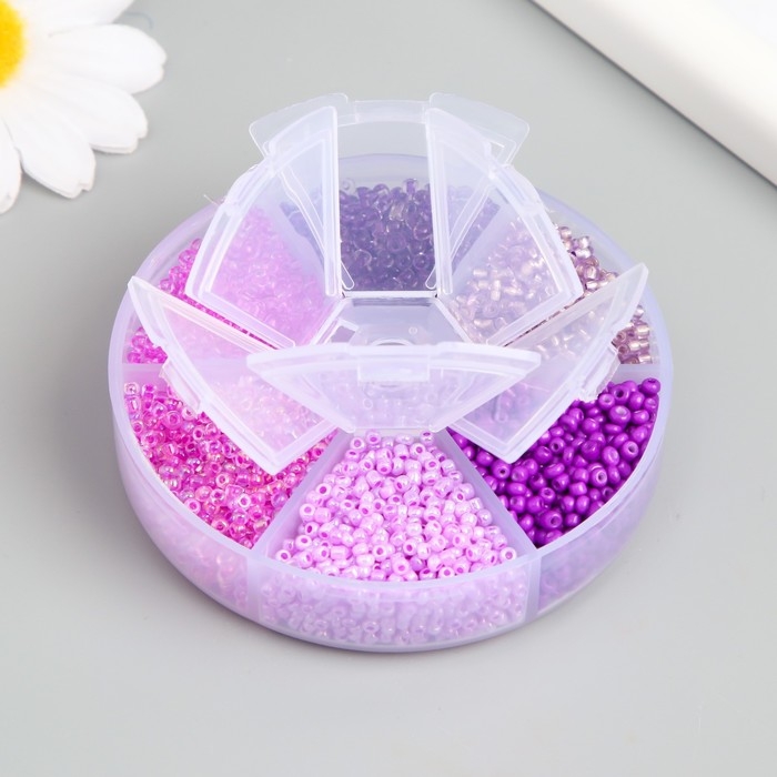 Бисер стекло 8/0 (3 мм) в шкатулке  Бисер стекло 8/0 (3 мм) в шкатулке "Фиолетовый" 6 цветов х 10  гр 8х8х2 см