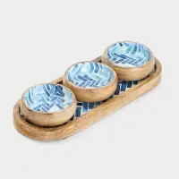 Набор розеток на подносе &laquo;Синяя мозаика&raquo;, 3 шт., 33.5&times;13&times;6.5 см, дерево манго