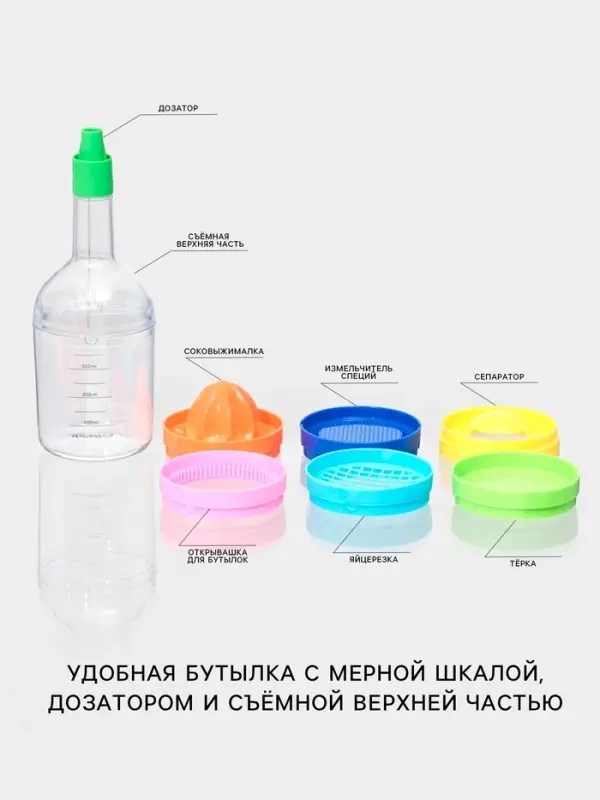 Набор кухонных принадлежностей Kitchen, бутылка-мерный стакан 380 мл, 7 насадок, 29&times;8.5 см, разноцветный