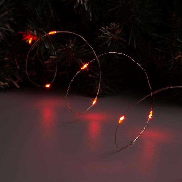 Гирлянда «Нить» 1 м роса, IP20, серебристая нить, 10 LED, батарейки CR2032х2 (в комплекте), свечение красное