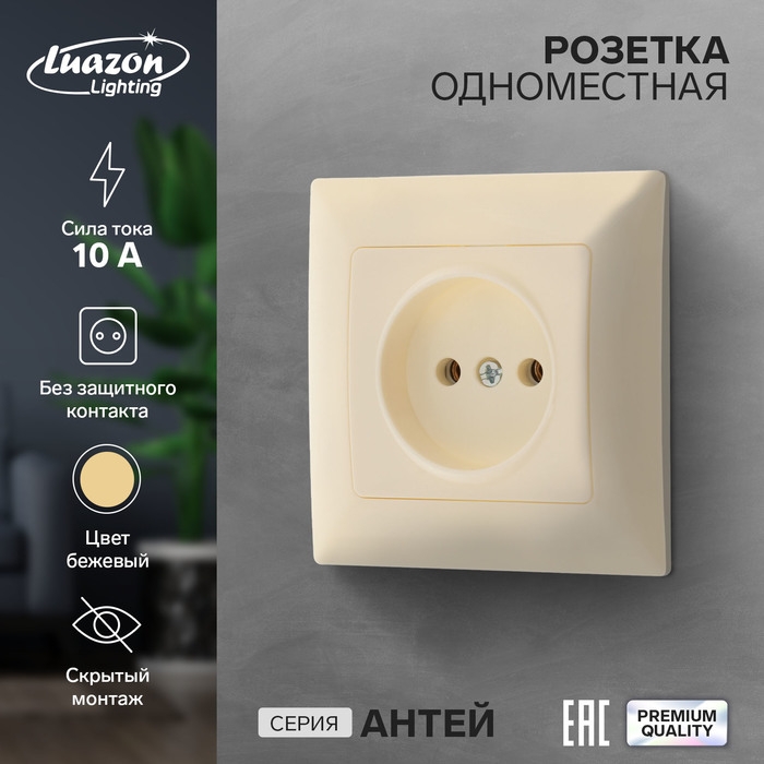Розетка одноместная Luazon Lighting  Розетка одноместная Luazon Lighting "Антей", 10 А, скрытая, без з/к, бежевая