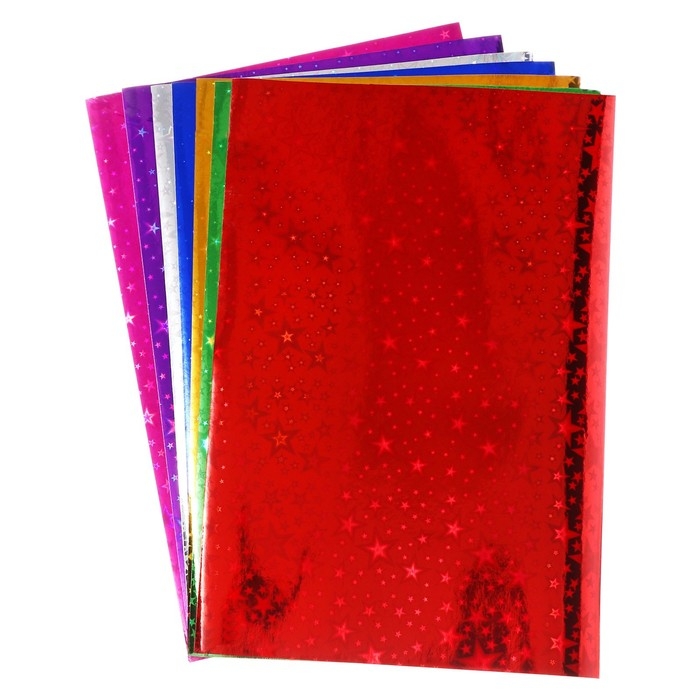 Набор фольги цветной формат А4, 7 листов, 7 цветов, ГОЛОГРАФИЧЕСКОЙ звезды, плотность 100г/м2 Набор фольги цветной формат А4, 7 листов, 7 цветов, ГОЛОГРАФИЧЕСКОЙ звезды, плотность 100г/м2