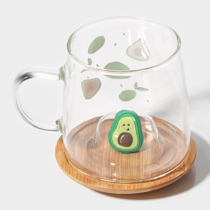 Кружка стеклянная с деревянной крышкой «Авокадо», 350 мл, рисунок МИКС Кружка стеклянная с деревянной крышкой «Авокадо», 350 мл, рисунок МИКС