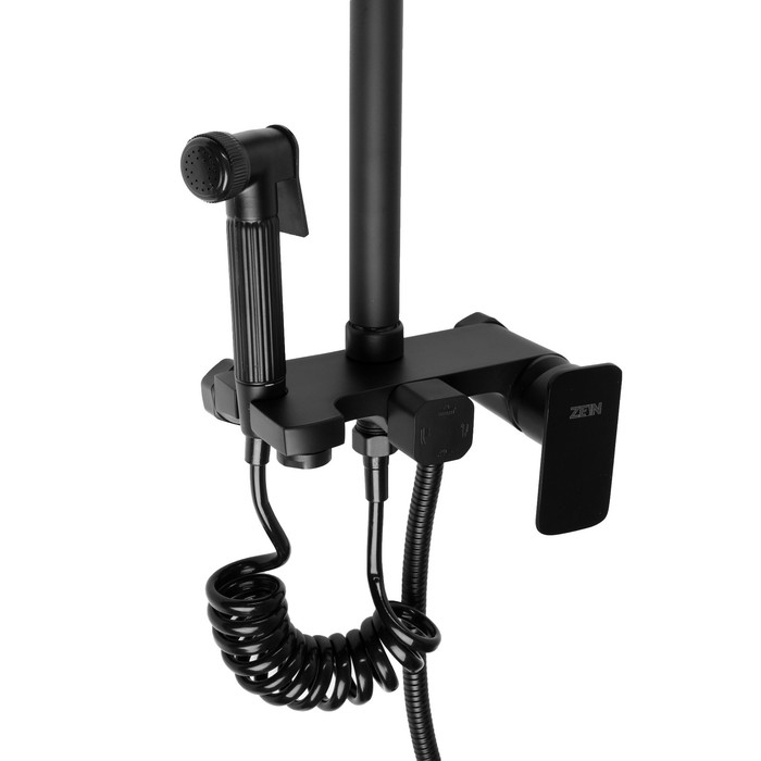 Душевая система ZEIN Z3863, смеситель, верхняя, ручная и гигиеническая лейка, полка, черная   993217 Душевая система ZEIN Z3863, смеситель, верхняя, ручная и гигиеническая лейка, полка, черная   993217