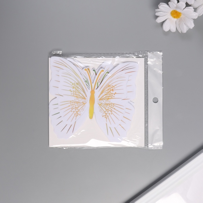 Наклейка пластик Наклейка пластик "Бабочки белые с золотом" двойные крылья набор 12 шт 12 см, 10 см 8 см