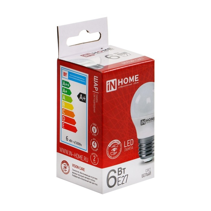 Лампа светодиодная IN HOME LED-ШАР-VC, Е27, 6 Вт, 230 В, 4000 К, 540 Лм Лампа светодиодная IN HOME LED-ШАР-VC, Е27, 6 Вт, 230 В, 4000 К, 540 Лм