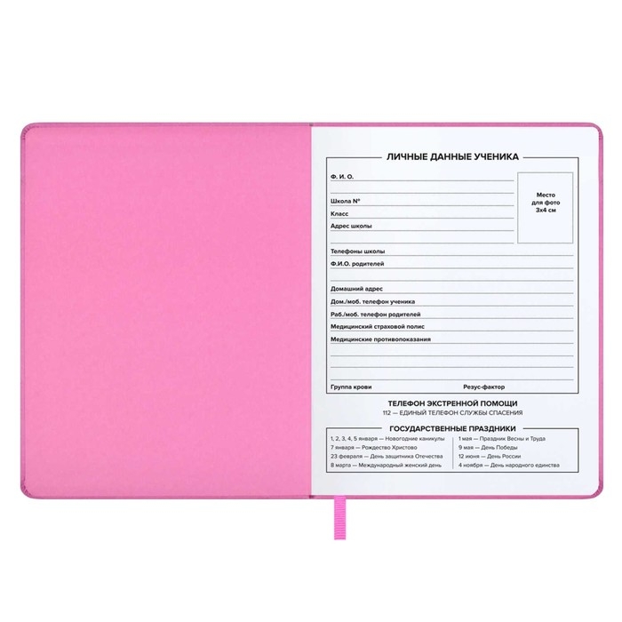 Дневник школьный для 1-11 классов  Дневник школьный для 1-11 классов "Розовый", твёрдая обложка с поролоном, искусственная кожа, аппликация, шелкография, ляссе, 48 листов, универсальная шпаргалка, блок 80г/м2