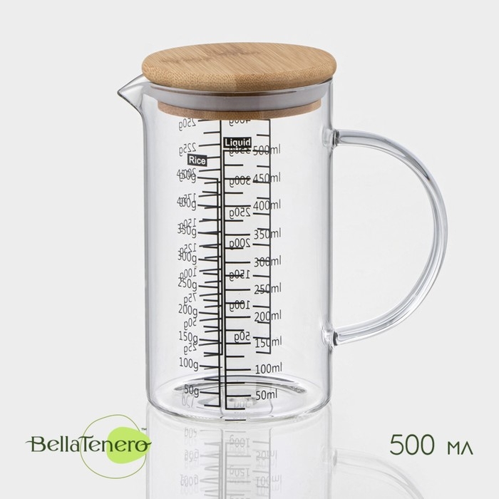 Кувшин для воды стеклянный мерный с бамбуковой крышкой BellaTenero «Эко», 500 мл, 13×8×15 см Кувшин для воды стеклянный мерный с бамбуковой крышкой BellaTenero «Эко», 500 мл, 13×8×15 см