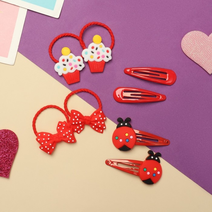 Набор для волос Набор для волос "Ванилька" (4 резинки, 4 невидимки) божьи коровки, красный