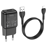 Сетевое зарядное устройство Hoco C96A, 1 USB, 2.1 А, кабель Lightning - USB, 1 м, чёрное