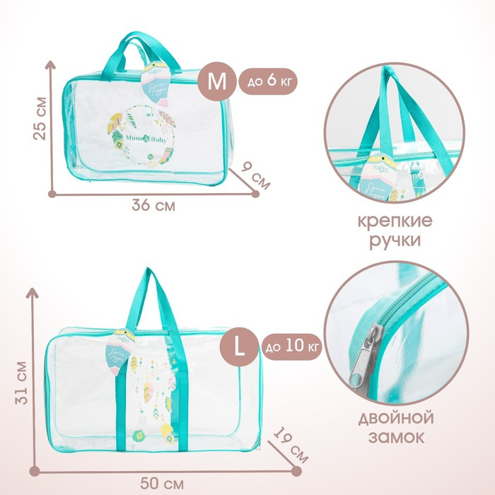 Сумка в роддом с косметичкой «Перья», набор 2 шт., 50х31/36х25, цвет прозрачный/бирюза, Mum&Baby Сумка в роддом с косметичкой «Перья», набор 2 шт., 50х31/36х25, цвет прозрачный/бирюза, Mum&Baby