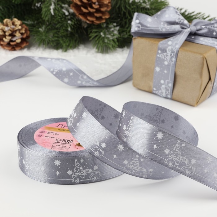 Новый год! Лента атласная «Машина с ёлкой», 25 мм, 23 ± 1 м, цвет тёмно-серый №189 Новый год! Лента атласная «Машина с ёлкой», 25 мм, 23 ± 1 м, цвет тёмно-серый №189