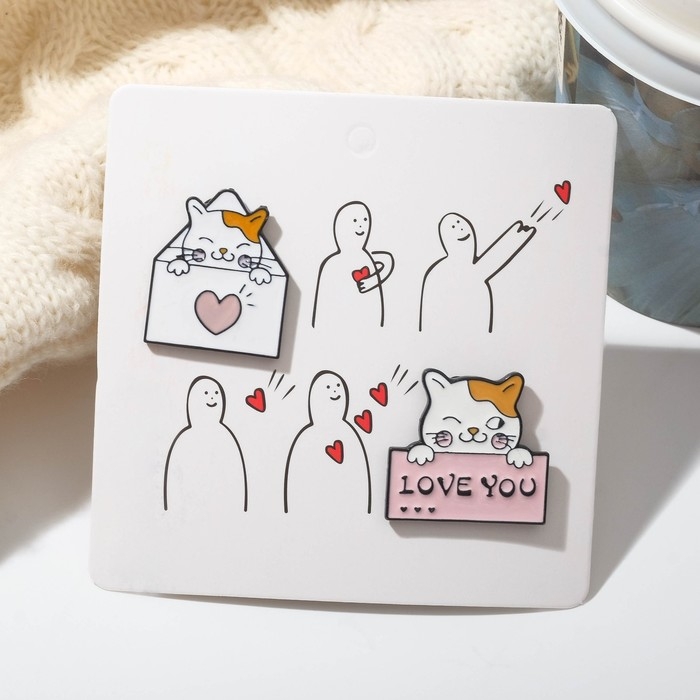 Набор значков (2 шт.) «Котики» послание, цветной в чёрном металле Набор значков (2 шт.) «Котики» послание, цветной в чёрном металле