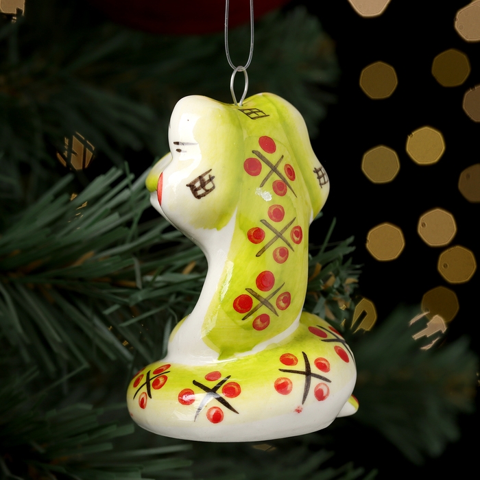 Новый год. Ёлочная игрушка символ года Новый год. Ёлочная игрушка символ года "Змей Улыбка зеленый", 7 см, фарфор