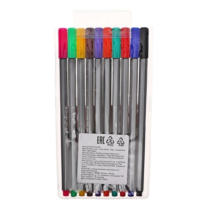 Фломастеры 10 цветов Luxor Color Stick Фломастеры 10 цветов Luxor Color Stick", смываемые, ПВХ, с европодвесом