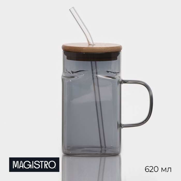 Банка стеклянная с ручкой, крышкой и трубочкой Magistro «Эко», 620 мл, цвет чёрный Банка стеклянная с ручкой, крышкой и трубочкой Magistro «Эко», 620 мл, цвет чёрный