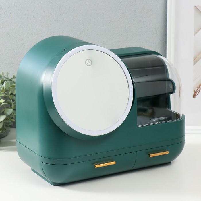 Шкатулка для косметики пластик, зеркало с подсветкой Шкатулка для косметики пластик, зеркало с подсветкой "Тёмно-зелёная" 37,5х22х31 см