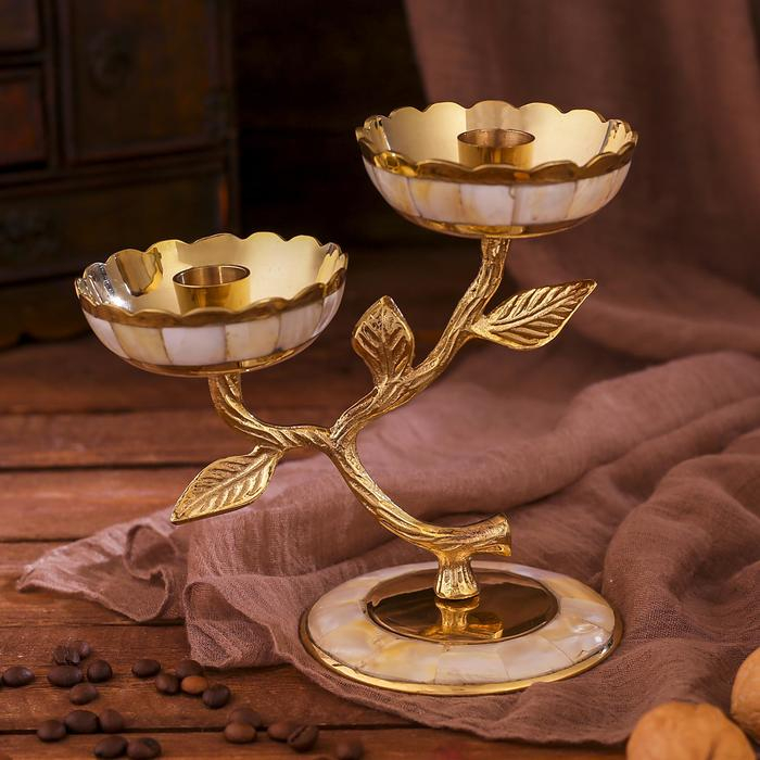 Подсвечник латунь на 2 свечи "Цветение" с перламутром 16х10х16,5 см