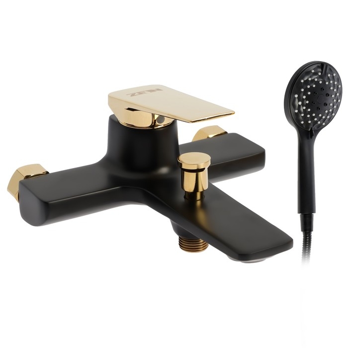 Смеситель для ванны ZEIN Z3890, однорычажный, лейка 5 режимов, шланг, держатель, черный/gold   99322 Смеситель для ванны ZEIN Z3890, однорычажный, лейка 5 режимов, шланг, держатель, черный/gold   99322