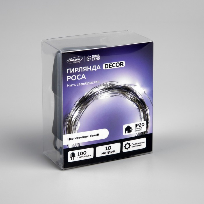 Гирлянда «Нить» 10 м роса, IP20, серебристая нить, 100 LED, свечение белое, 12 В Гирлянда «Нить» 10 м роса, IP20, серебристая нить, 100 LED, свечение белое, 12 В