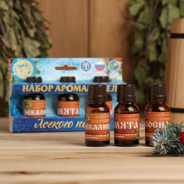 Набор эфирных масел 3 шт по 15 мл, сосна, эвкалипт и мята Набор эфирных масел 3 шт по 15 мл, сосна, эвкалипт и мята "С Новым годом! С легким паром!"