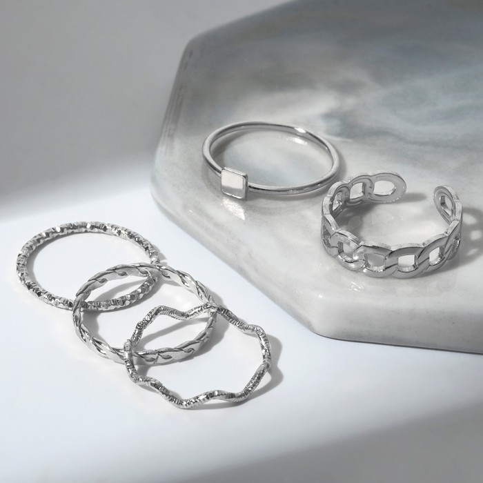 Кольцо набор 5 штук «Идеальные пальчики» геометрия, цвет белый в серебре