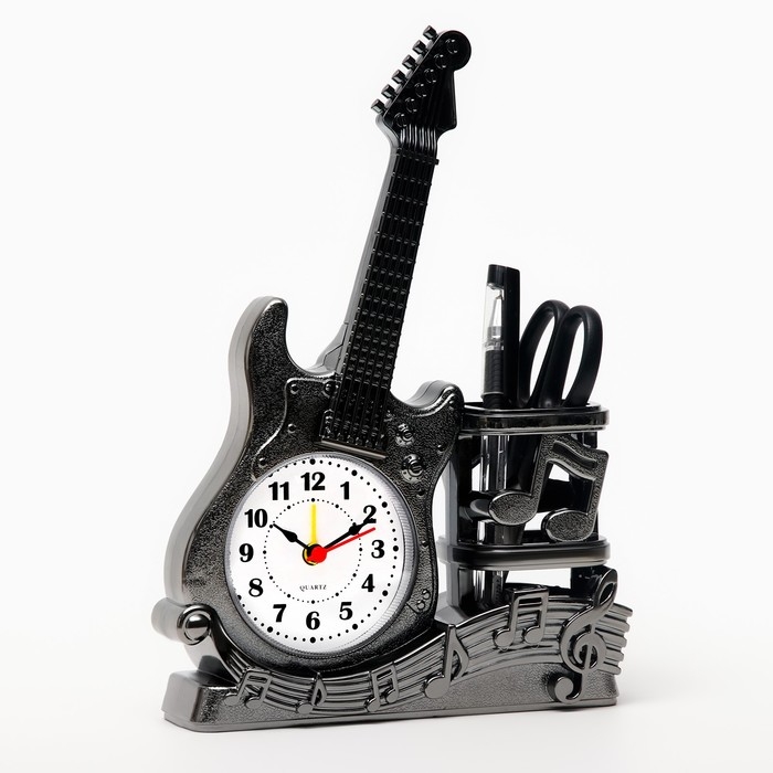 Будильник Будильник "Гитара", дискретный ход, с карандашницей, 1АА, 15.5 х 22 х 5.5 см, серебро