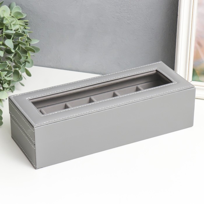 Шкатулка кожзам под часы 6 отделений  Шкатулка кожзам под часы 6 отделений "Серая с белой строчкой" 8х30х11 см